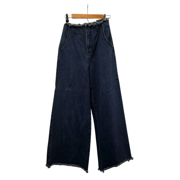 Forever21 Dark Wash Wide Leg Distressed Hem Denim Jeans Women's Size 26 FLAW - Picture 1 of 16